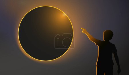 Ein Mann zeigt mit dem Zeigefinger auf eine Sonnenfinsternis. Rückansicht einer Person, die vom Boden aus eine Sonnenfinsternis am Himmel beobachtet