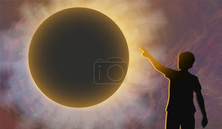 Rückansicht einer Person, die vom Boden aus eine Sonnenfinsternis am Himmel beobachtet