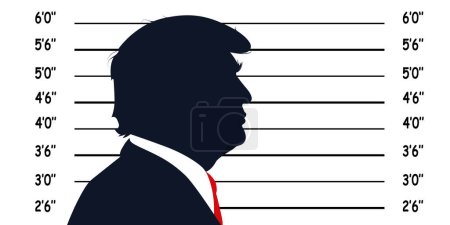 Ilustración de Nueva York .2023. Donald Trump enfrenta cargos penales en la corte de Nueva York. Silueta de Trump en el fondo para los presos - Imagen libre de derechos