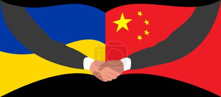 Illustration for Handshake of two hands on the background of the flags of China and Ukraine. The concept of cooperation between the two countries of Ukraine and China. - Royalty Free Image