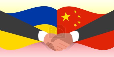 Ilustración de Apretón de manos de dos manos en el fondo de las banderas de China y Ucrania. - Imagen libre de derechos