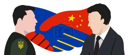 Ilustración de El presidente chino Xi Jinping y el presidente ucraniano Volodymyr Zelensky sobre el fondo de un apretón de manos pintado en los colores de las banderas de China y Ucrania. - Imagen libre de derechos