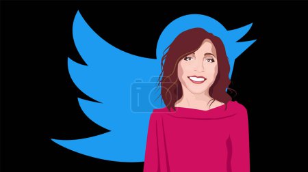 Ilustración de Nueva CEO de Twitter Linda Yaccarino. Retrato de Linda Yaccarino, logo de Twitter - Imagen libre de derechos