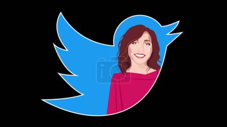 Ilustración de Nueva CEO de Twitter Linda Yaccarino. Retrato de Linda Yaccarino, logo de Twitter - Imagen libre de derechos