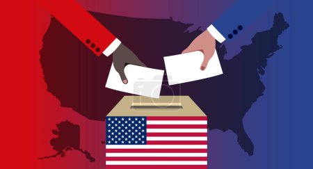 Elections in America .The hands of an African American and a Caucasian man throw their vote into the ballot box.
