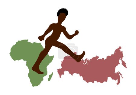 Illustration for African American walking from Africa to Russia. African American silhouette, map of Africa, map of Russia. - Royalty Free Image