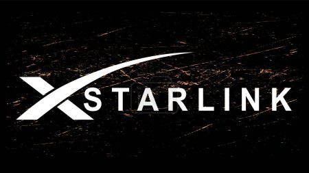 Illustration for Logo satellite internet company Starlink SpaceX on a black background with grunge color APRICOT CRUSH texture - Royalty Free Image