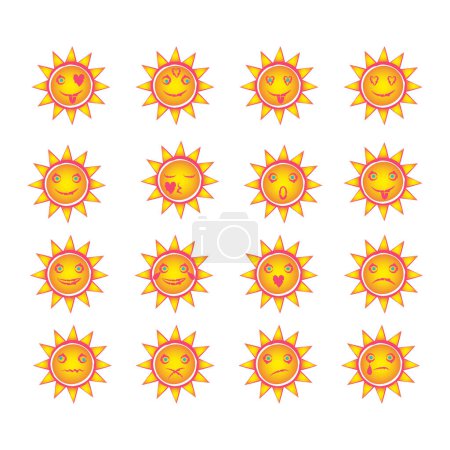 Set of suns. Emotions are different suns. Yellow faces. Emoji. Vector illustration on white background