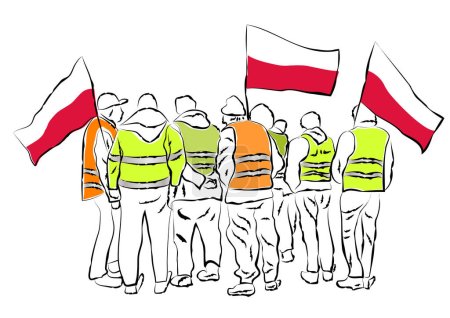 Ilustración de Multitud de personas en retrospectiva con banderas de Polonia aisladas sobre fondo blanco. - Imagen libre de derechos