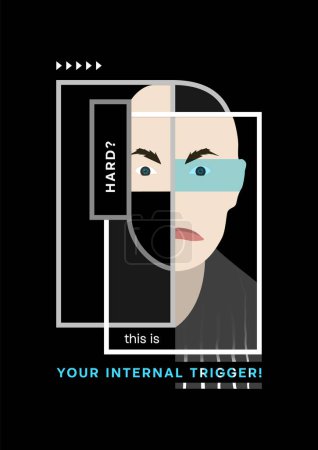 Poster affirmation psychology internal trigger. Abstract face of a scared and angry man.