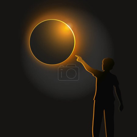 A man points his index finger at a solar eclipse. Rear view of a person watching a solar eclipse in the sky from the ground
