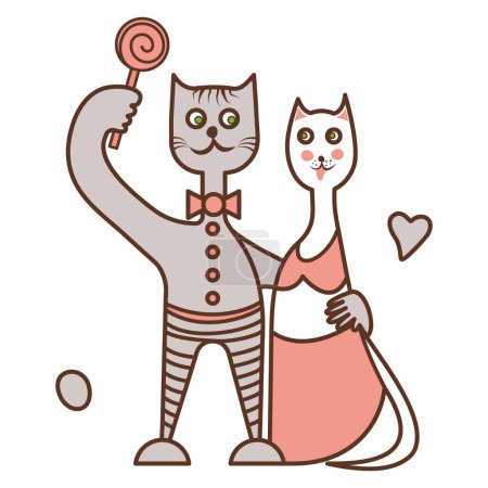Ilustración de Un par de gatos enamorados. El gato le da pescado al gato. Pareja de gatos enamorados. - Imagen libre de derechos