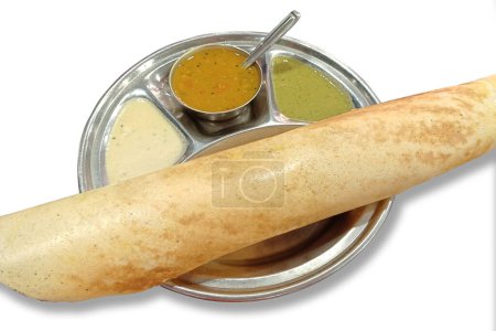 Photo for Delicious Dosa with chutney and sambar, the South Indian breakfast food, is also known as dhosa, masala, plain, maisuri (Ghee Roast), isolated on white background - Royalty Free Image