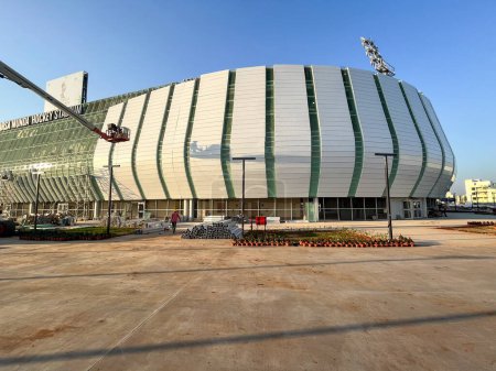 Photo for Rourkela, Bhubaneswar, Odisha, India - January 03, 2023; Outdoor view of Birsa Munda hockey stadium in Odisha in India during the grand opening, side view - Royalty Free Image