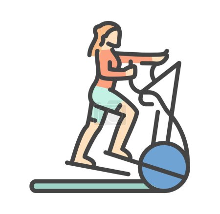 Illustration for Color woman on treadmill icon. Young girl training in fitness room. Cardio workout and fat burning concept. Stickers for social networks and instant messengers. Cartoon flat vector illustration - Royalty Free Image