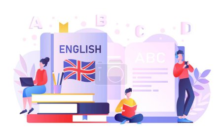 Learn English concept. Man and women near books, education, learning and training. International communication and interaction. Poster or banner for website. Cartoon flat vector illustration