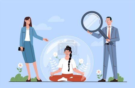 Illustration for Social distance concept. Young girl in bubble sits in lotus position next to man with magnifying glass and woman. Freedom, peace and harmony. Virus and pandemic. Cartoon flat vector illustration - Royalty Free Image