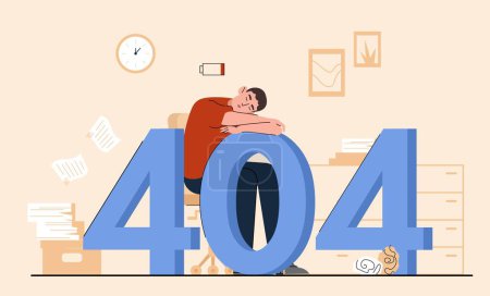 Téléchargez les illustrations : Concept de personne fatiguée. L'homme se trouve sur les numéros 404, élément graphique pour le site. Problèmes techniques et lien erroné et cassé et adresse Internet. Page introuvable. Illustration vectorielle plate de bande dessinée - en licence libre de droit