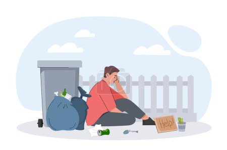 Illustration for Poor man concept. Young guy sitting on street near dumpster and trashcan. Bankruptcy and economic crisis, upset business, unemployment. Homeless person, beggar. Cartoon flat vector illustration - Royalty Free Image
