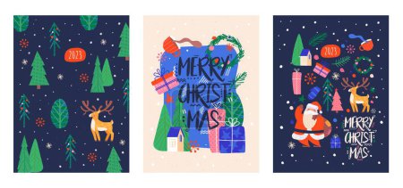Illustration for Christmas scandi banner set. Collection of graphic elements for website. Gifts, pressents and symbols of winter holidays and New Year. Cartoon flat vector illustrations isolated on white background - Royalty Free Image