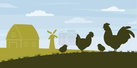 Illustration for Chicken on farm banner. Agriculture and rural landscape, village with animals. Flora and fauna, wild life. Windmill and house silhouettes. Ranch and farmyard. Cartoon flat vector illustration - Royalty Free Image