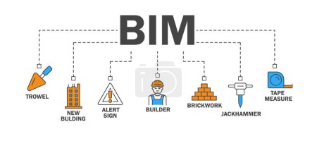 Illustration for Construction and architecture BIM. Collection of graphic elements for website. New building, brick work, worker, trowel and jackhammer. Cartoon flat vector illustrations isolated on white background - Royalty Free Image