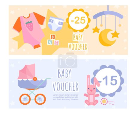 Illustration for Baby goods voucher set. Collection of gift certificates. Ads and marketing, discounts and promotions, special offer and loyality. Cartoon flat vector illustrations isolated on white background - Royalty Free Image