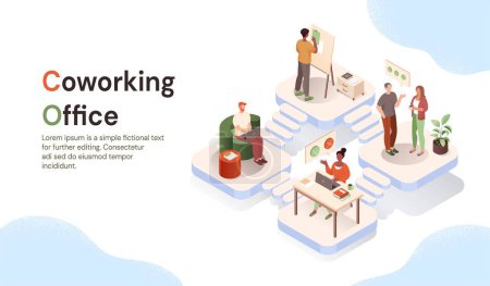 Coworking office concept. Men and women working, colleagues and partners working on common project. Collaboration and cooperation. Business process and workflow. Cartoon isometric vector illustration