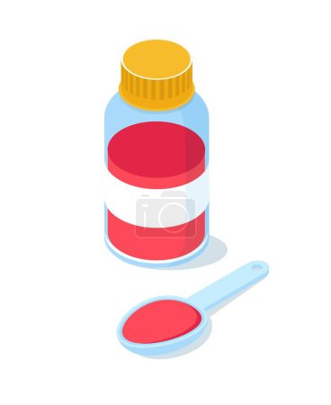 Illustration for Red syrup bottle. Glass jar and plastic spoon with red liquid for treatment of illnesses and colds. Medical support, pharmaceuticals. Cartoon isometric vector illustration - Royalty Free Image