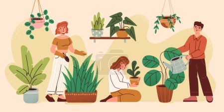 Illustration for Concept of comparing yourself to others. Successful people with big flowering plants and envious person with small sprout in pot. Metaphor for growth and success. Cartoon flat vector illustration - Royalty Free Image