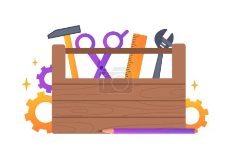 Illustration for Construction repair tools. Collection of troubleshooting tools for electricians and plumbers. Poster or banner for website. Hammer, scissors, wrench and ruler. Cartoon flat vector illustration - Royalty Free Image