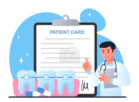 Illustration for Orthodontist installs braces. Doctor next to document, agreement with medical institution. Dentist corrects problems with celestial and occlusion, healthcare. Cartoon flat vector illustration - Royalty Free Image