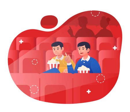 Illustration for Teenager friends at cinema. Two men with popcorn watching movies. Leisure, hobbies and entertainment. Surprised and enthusiastic characters. Rest on weekend. Cartoon flat vector illustration - Royalty Free Image
