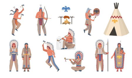 Illustration for Native American characters set. Indian men and women in traditional costumes, shamans with feathers, spears and axes. Tribal wigwam. Cartoon flat vector collection isolated on white background - Royalty Free Image