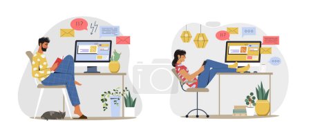 Procrastination at work. Man and woman office workers or freelancers sit at desk and read book instead of completing tasks and projects. Laziness and irresponsibility. Cartoon flat vector collection