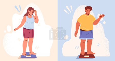 Illustration for Unhappy obese people. Overweight man and woman stand on scales and unpleasantly surprised. Chubby obese people with unhealthy diet. Set of Fat upset characters. Cartoon flat vector collection - Royalty Free Image