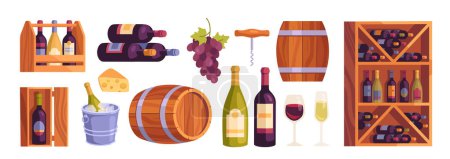 Illustration for Set of wine bottles and barrels. Elements of wine cellar, restaurant or liquor store. Wooden shelves with alcoholic drink made from grapes. Cartoon flat vector collection isolated on white background - Royalty Free Image