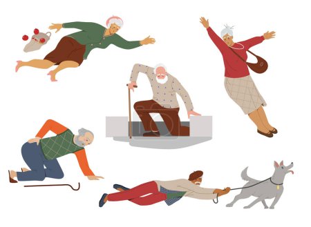 Illustration for Falling old people set. Elderly male and female pensioners slip, stumble, fall and get hurt. Clumsy retired characters in pain from injury. Cartoon flat vector collection isolated on white background - Royalty Free Image