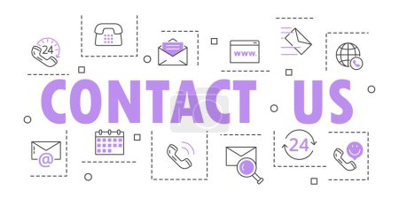 Illustration for Contact us line banner. Collection of icons for website. Support service and hotline, call center for customers. Feedback and FAQ. Cartoon flat vector illustrations isolated on white background - Royalty Free Image