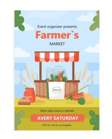 Illustration for Farmers market poster. Support your local store, natural and organic products, harvest. Metaphor of countryside. Website cover, marketing and advertising concept. Cartoon flat vector illustration - Royalty Free Image