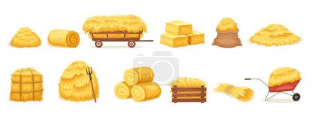 Bales of hay set. Stickers with stacks of dry rolls of hay, hayloft with pitchfork, farm wheelbarrow and cart. Harvesting straw or heaps of wheat. Cartoon flat vector collection isolated on white