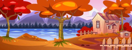 Hermoso paisaje otoñal. Colorido panorama del pueblo con árboles, hojas amarillas y rojas, casa de madera, lago, montañas y rocas. Temporada de otoño en el valle. Dibujos animados ilustración vector plano