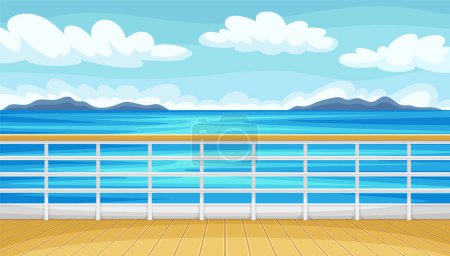 Seascape view concept. Wooden deck of cruise ship with fence. Beautiful landscape with blue sea or ocean water, clouds and mountain silhouettes. Travel and tourism. Cartoon flat vector illustration