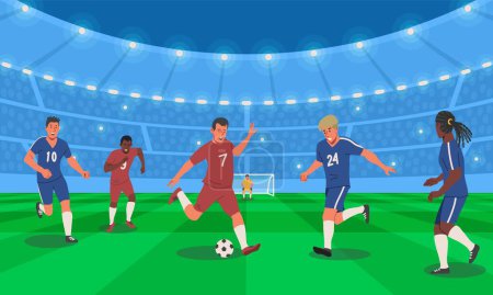 Illustration for Football match in stadium. Athletes, football or soccer players kick ball, join fight and score goal against goalkeeper. World championship or sports competition. Cartoon flat vector illustration - Royalty Free Image