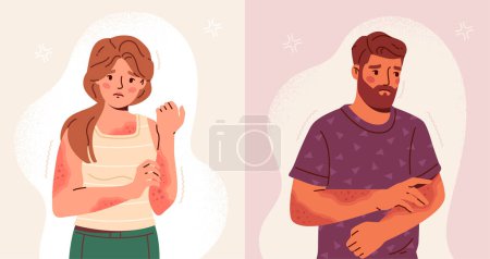 Illustration for People with skin diseases. Set of characters with acne, dermatitis, eczema or psoriasis on body. Man and woman treat dermis for inflammation and redness. Cartoon flat vector illustration collection - Royalty Free Image