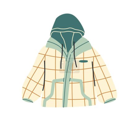 Illustration for Fashion women clothes. Colorful doodle sticker with plaid autumn jacket with hood. Stylish outerwear or coat. Trendy Basic Female Garment. Cartoon flat vector illustration isolated on white background - Royalty Free Image