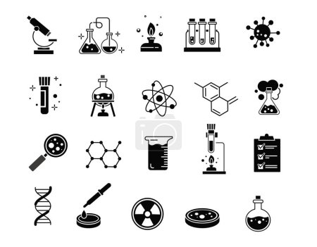 Chemie-Ikonen schwarz gesetzt. Sammlung von grafischen Elementen für die Website. Wissenschaftliche Experimente im Labor, Fläschchen mit Substanz. Cartoon flache Vektor-Illustrationen isoliert auf weißem Hintergrund