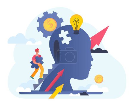 Illustration for Self development concept. Man with puzzle in hand enters abstract silhouette of head. Logical thinking and mental health. Positivity and optimism, idea and insight. Cartoon flat vector illustration - Royalty Free Image