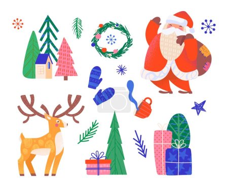 Illustration for Christmas Scandi set. Collection of stickers for social networks and messengers. Santa with bag of gifts, reindeer and mittens. Cartoon flat vector illustrations isolated on white background - Royalty Free Image