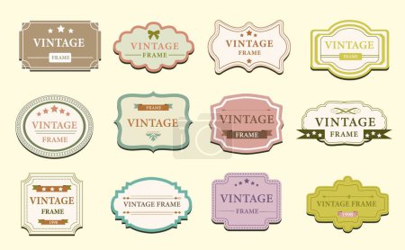 Illustration for Set of labels. Collection of luxury etiquettes. Vintage frame for food and alcoholic drinks, wine. Classical and antique ornament. Cartoon flat vector illustrations isolated on yellow background - Royalty Free Image